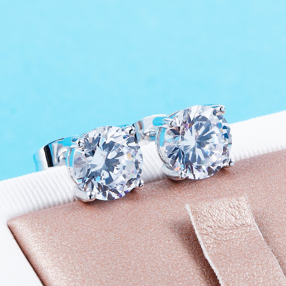 Platinum Plated Round Cubic Zirconia Simple Stud Diamond Earrings for Sensitive Ear,Come with Back