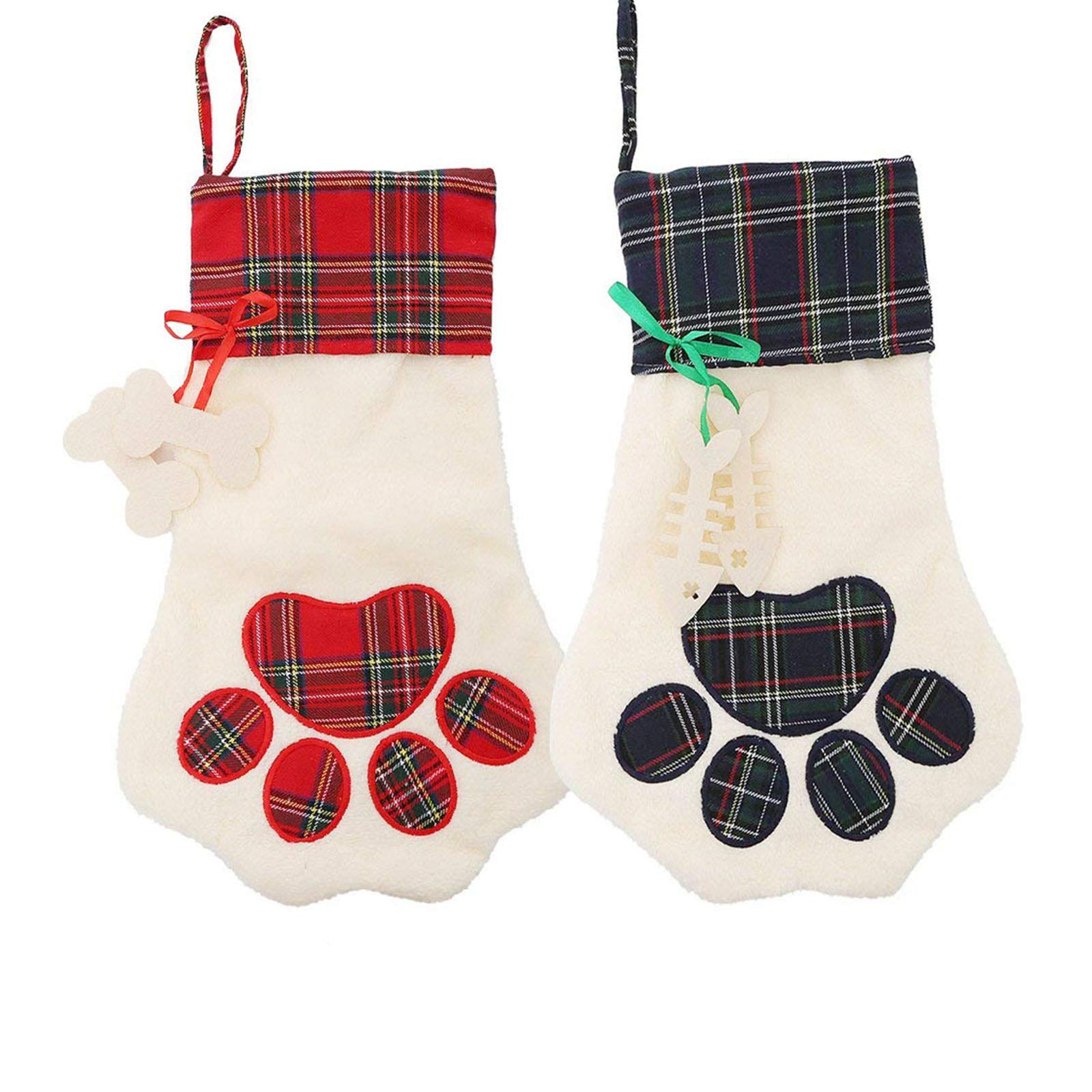 Deggodech 2 Pack White Christmas Stockings Large 46cm Pet Christmas Hanging Stockings Xmas Stockings Personalised Red Green Dog Paw for Christmas Socks Gift Bag Home Decorations - 18inch/46cm