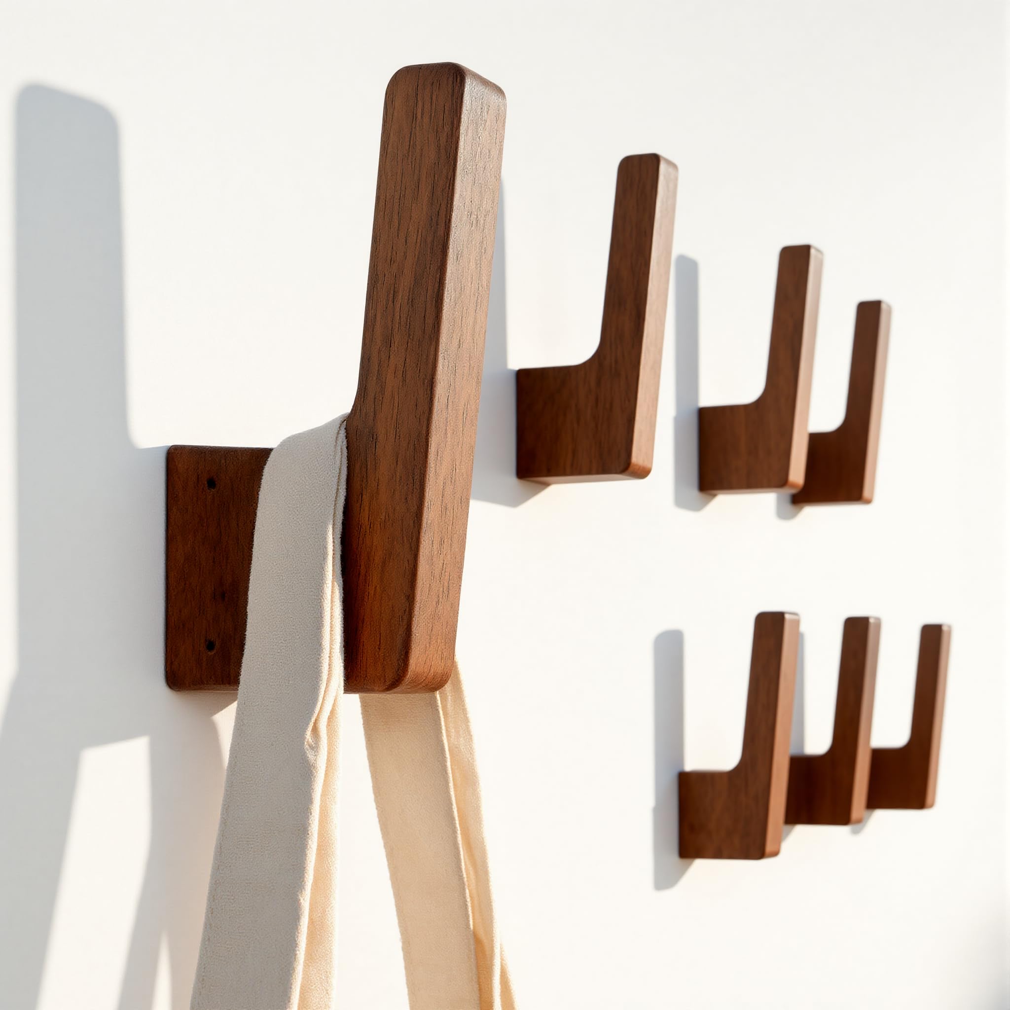 Photo 1 of **PARTIAL SET 4 COUNT** PinEther 6 Pack Walnut Wood Wall Hooks – Handcrafted Solid Wood Hooks for Coats, Hats, Bags, Towels – Minimalist Design, Hidden Mount, Eco Wax Finish, Moisture-Resistant,Bathroom, Bedroom, Kitchen