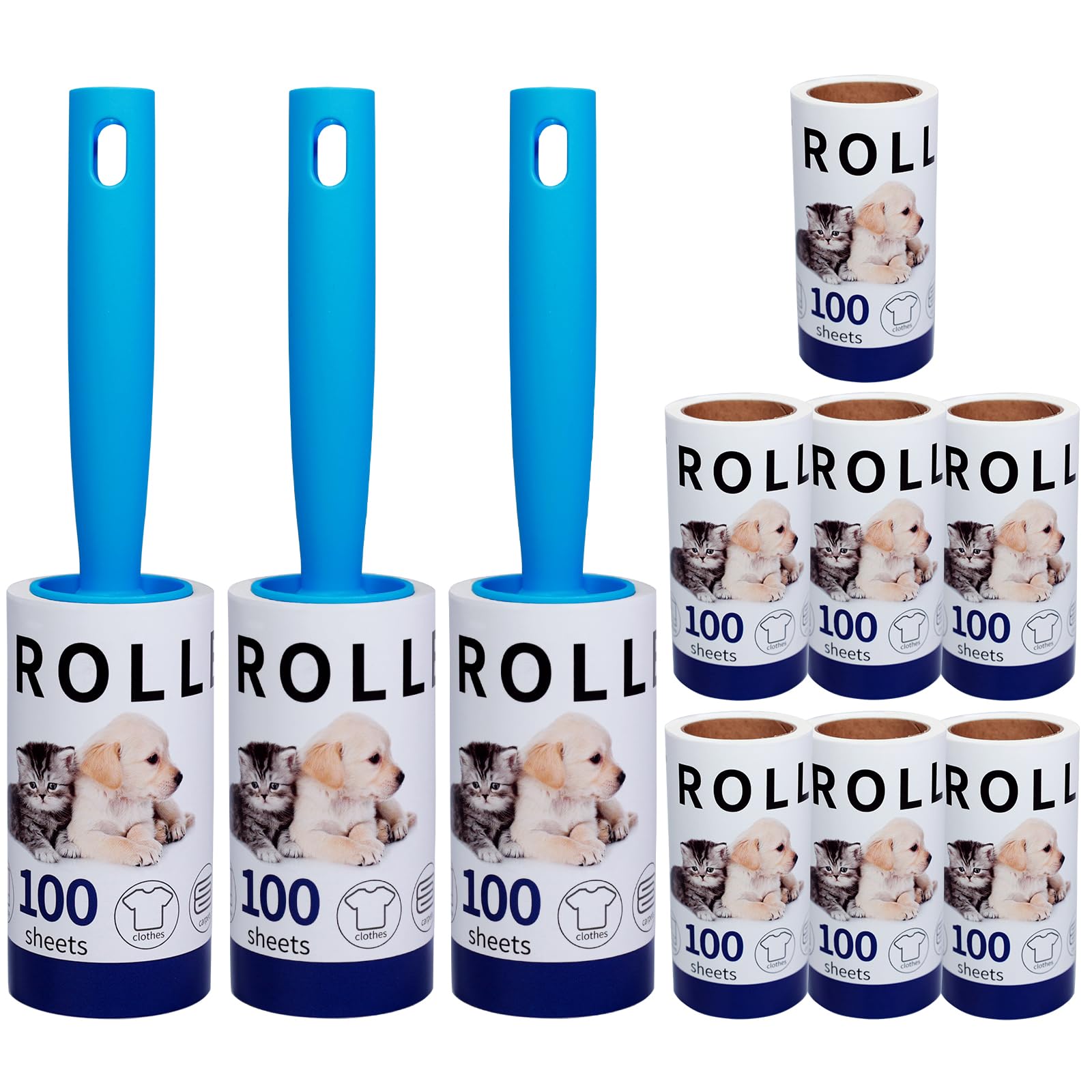 Extra Sticky Lint Roller Mega Value Set 1000 Sheets, 3 Handles Pet Hair Remover，Lint Roller for clothes (10 Rolls with 3 Dispensers)