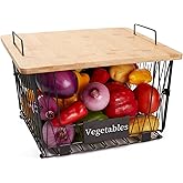 【XXL Big Size】1 Pack Stackable Wire Storage Baskets with Wood Lid- Pantry Cabinet Organization, Kitchen Counter Basket for Fruit Vegetable -Large Metal Bin for Pantry Organization and Storage, Black