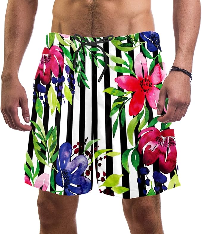 Tropical Stripe Floral Flower Swim Shorts for Men Swim Trunks Men’s