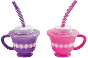 Fun Express Tea Party Cups Set of 12 with Lids and Straws - Pink & Purple Plastic Tea Cups for Kids Party Decorations | 8oz Disposable Party Favor Cups for Princess Birthday Parties & Events