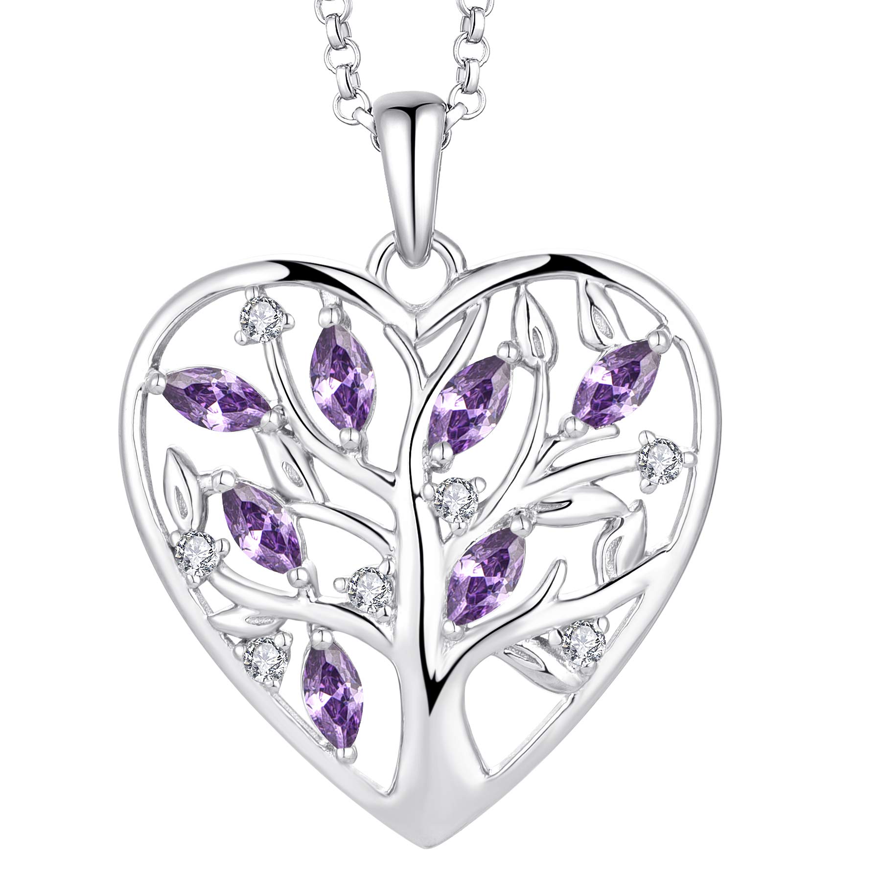 JO WISDOM Women Heart Necklace,925 Sterling Silver Tree of Life Pendant Necklace with 3A Cubic Zirconia February Birthstone Amethyst Color Jewelry for Women — image 1