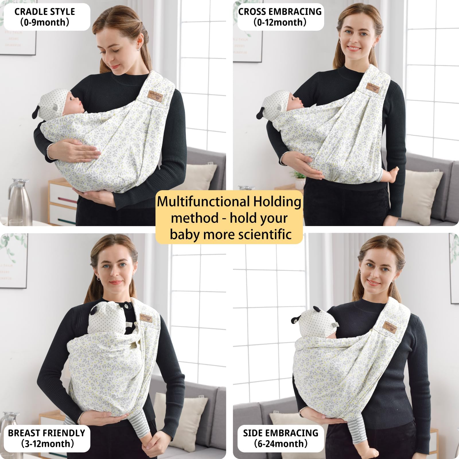 Baby Sling Carrier Newborn, Adjustable Easy Wearing Baby Nursing Warp Sling, New Mom Dad Soft Cotton Baby Front Holder Carrier for Infant Toddler Life Travel Essential Gifts (Yellow Flower)