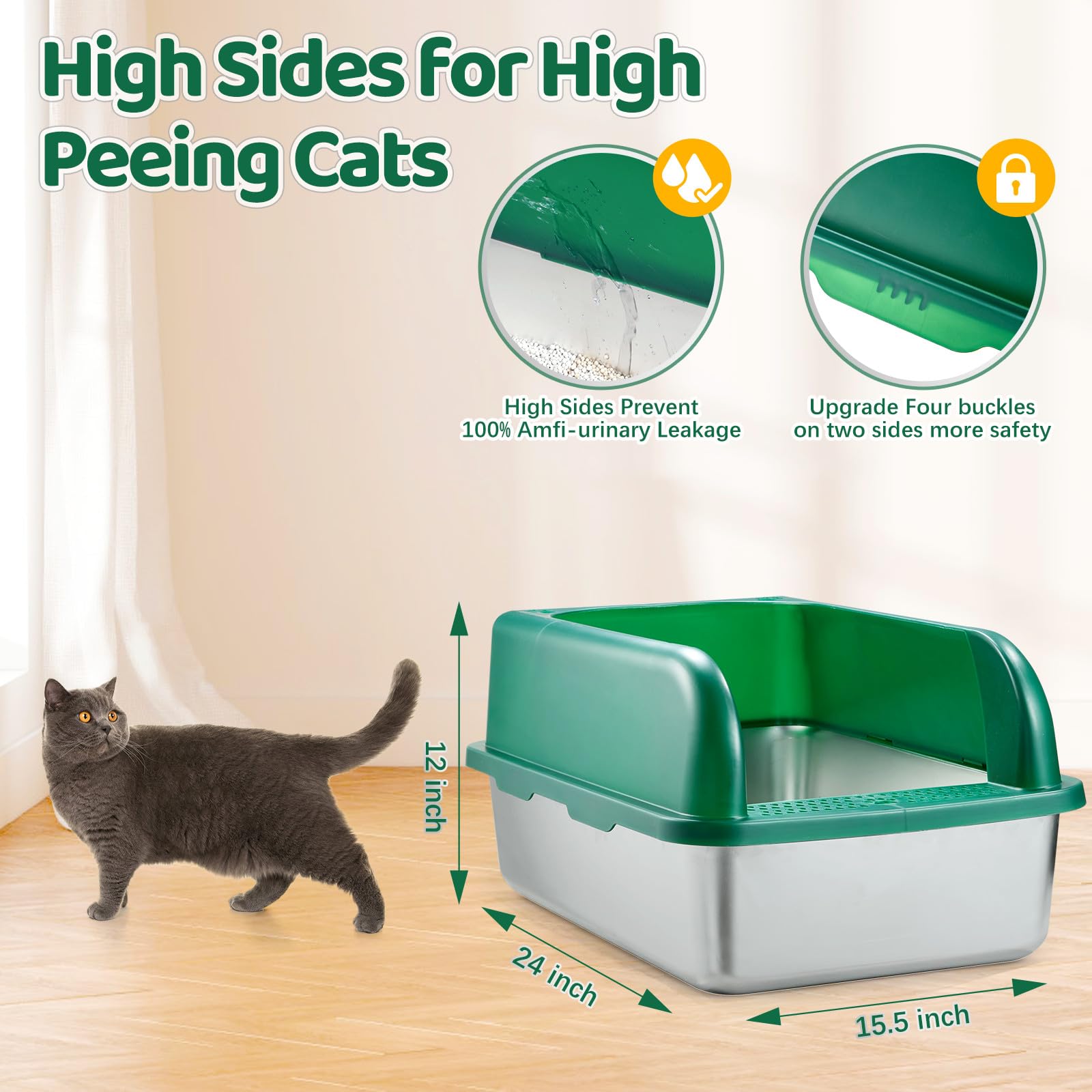 Stainless Steel Cat Litter Box with Lid, Extra Large Metal Litter Box for Big Cats, XXL High Sides Enclosure Cat Litter Box with Anti-Urine Leakage, Easy Clean, Free Litter Scoop & Mat