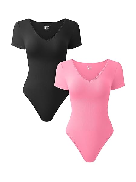 OQQ WOMEN 2 PIECE BODYSUITS SEXY RIBBED SHORT SLEEVE V NECK STRETCH TANK TOPS BODYSUITS BLACK CANDYPINK, SMALL