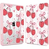 Mektron Printed Case for iPad 10.2 Inch 2021/2020/2019, for iPad 9th/8th/7th Generation Case, Buit in Pencil Holder with Shockproof Cover Clear Shell + Trifold Stand, Cherries Bows C353