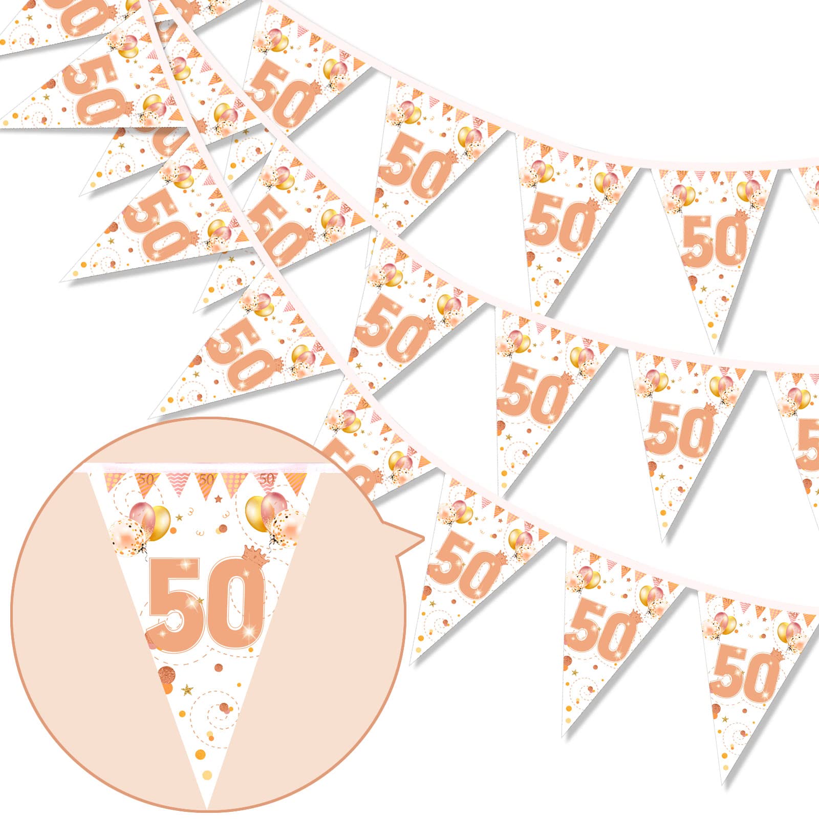 HOWAF Happy 50th Birthday Banner Bunting Flag Triangle Banner Rose Gold Glitter 50th Birthday Decoration for Women, 50 Anniversary Party Decoration Supplies, 7.4 x 10.8 Inch