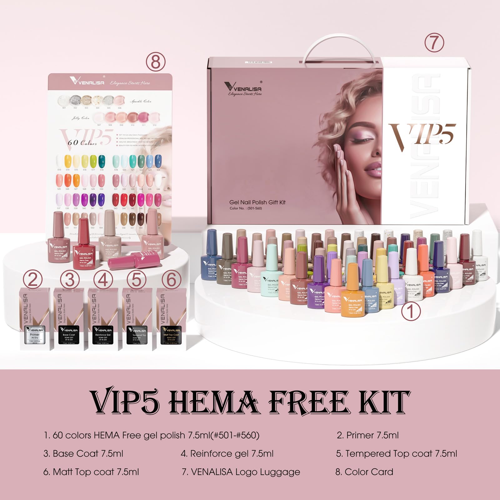 VENALISA VIP5 65PCS Hema Free Gel Nail Polish Set, 60 Colors Sparkle Glitter Jelly White Nude Pink Red Green Brown Gel Polish Kit with Base Gel Top Coat Nails Manicure Salon at Home - Image 3