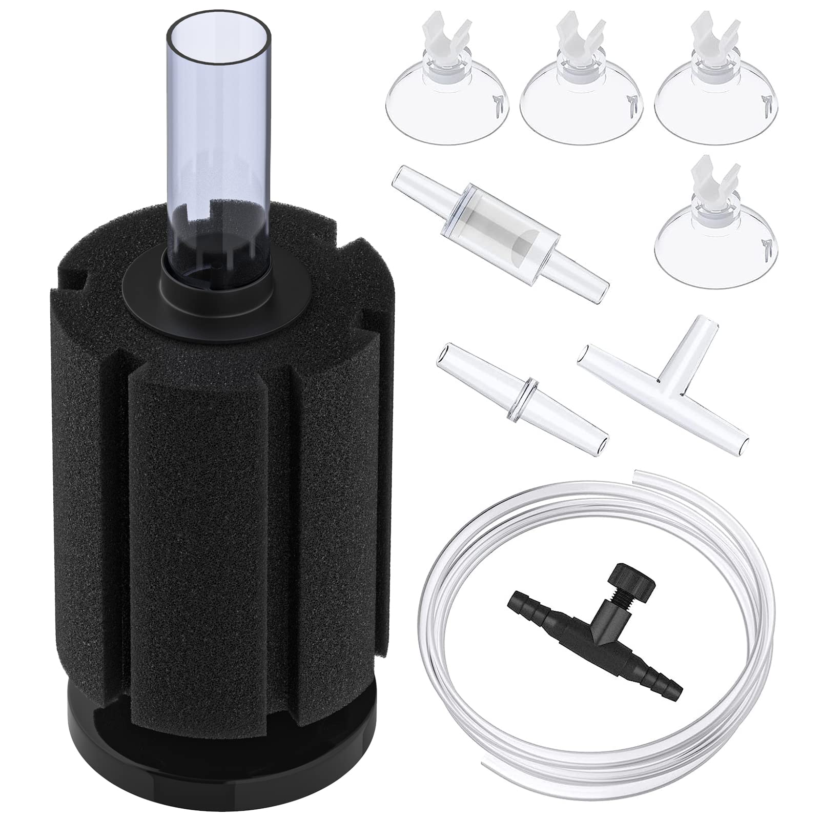 Pawfly Aquarium Bio Sponge Filter Quiet Betta Fry Shrimp and Small Fish Foam Filter with Airline Tubing Control Valve Suction Cup Connector and Check Valve Accessories for Fish Tanks up to 200 Litre