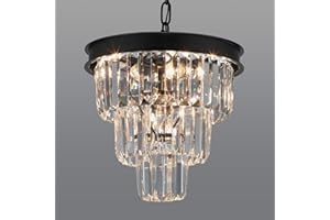 Weesalife Crystal Chandeliers for Dining Room Light Fixtures Over Table，4-Lights Modern Black Crystal Pendant Lighting Fixture，3 Tiers Small Chandeliers for Kitchen Island Bedroom Entryway D12 Inch