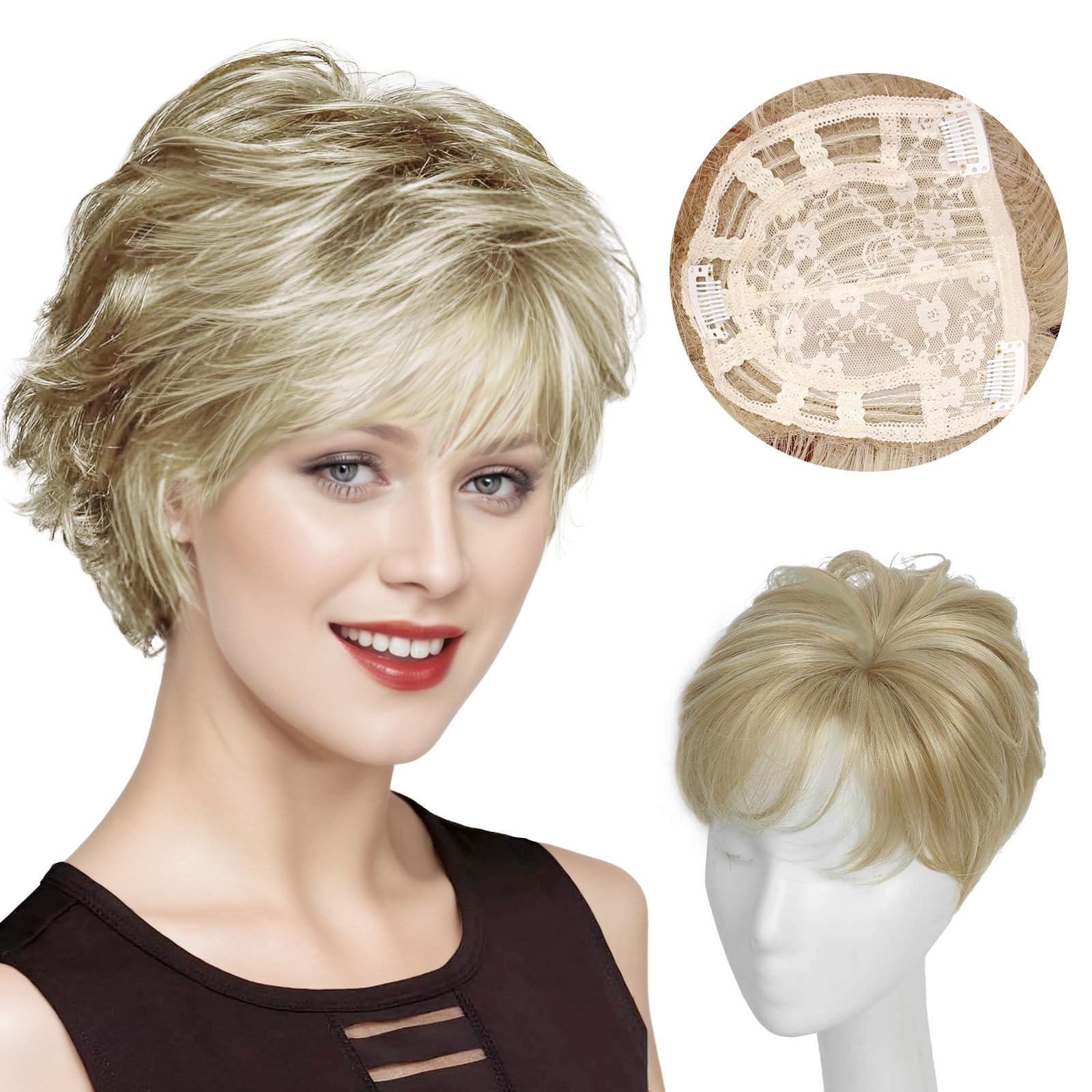 Photo 1 of CROWN GUIDE Short Pixie Cut Hair Toppers for Women with Thinning Hair - Clip-In Synthetic Topper with Bangs, 7x7 Breathable Base - Daily Wear Topper for Senior Women & Short Hairstyles (Silver Grey)