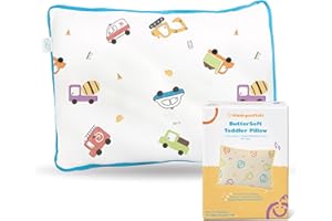 THINK GOOD TOTS Luxurious Toddler Sleep Pillow – Premium 13x18 Ergonomic Support | Cooling, Breathable & Hypoallergenic | Soft Comfort for Bed & Travel (Trucks & Toys Design)