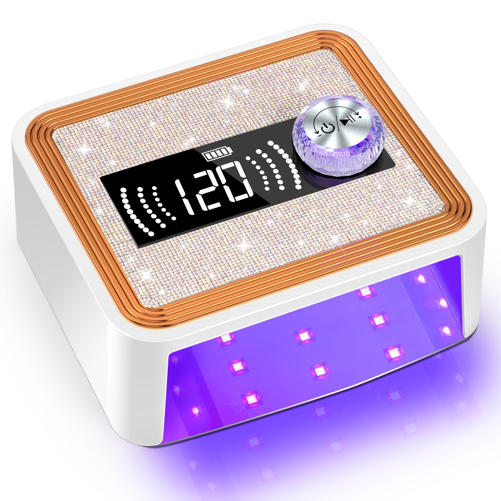 Photo 1 of LadyMisty 268W Cordless UV Nail Lamp, Rechargeable UV Light for Gel Nails with Unique Knob, Sparkling Rhinestones Diamond & LCD Display Screen, Professional Nail Dryer for Nail Salon & Home (White)