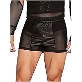 WDIRARA Men's Mesh Sheer Faux Leather Elastic Waist Skinny Shorts Party Club Rave Shorts