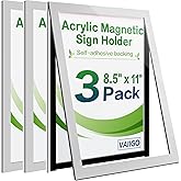 VAIIGO Acrylic Sign Holder 8.5" x 11" Wall Mount, Self Adhesive Magnetic Display Frame with Nano Tape, Plastic Clear Document Frame for Office, Store, School, Home, Wall Picture Frame (Silver, 3Pack)