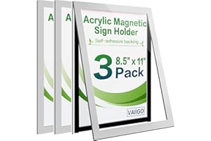 VAIIGO Acrylic Sign Holder 8.5" x 11" Wall Mount, Self Adhesive Magnetic Display Frame with Nano Tape, Plastic Clear Document Frame for Office, Store, School, Home, Wall Picture Frame (Silver, 3Pack)
