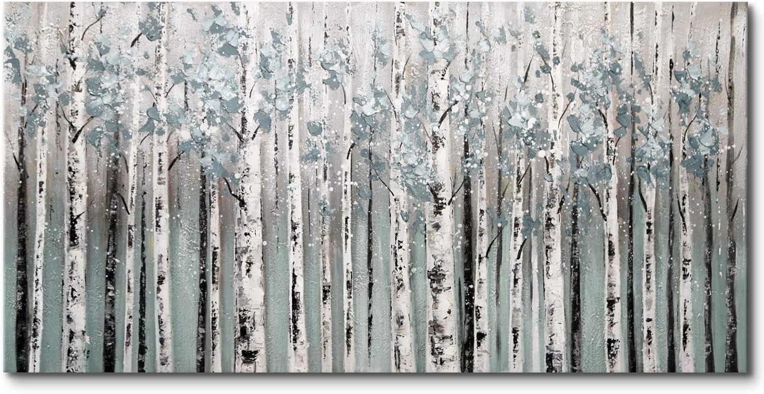 Paintings - Birch Tree Wall Art 100% Hand Painted Nature Forest Landscape Canvas Oil Paintings, Teal White Aspen Trees Paintings Natural Scenic Texture Picture Artwork Modern Home Decor for Living Room Office 24x48”
