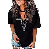 Hollow Out T Shirts for Women Western Graphic Shirts Country Cowgirls Shirts Casual Short Sleeve V Neck Tops