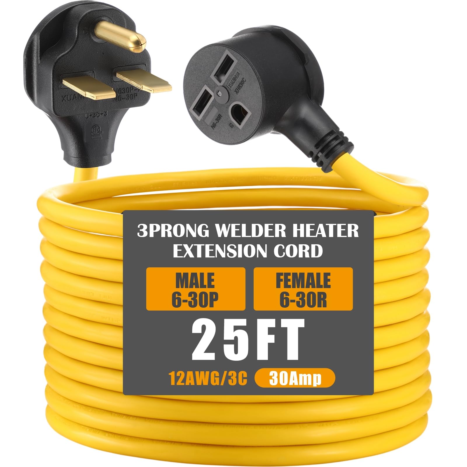 Photo 1 of Tellegloww 25FT NEMA 6-30 Extension Cord, NEMA 6-30P Male Plug to 6-30R Female Receptacle, 30 Amp 3 Prong Extension Power Cord for Welding Machine Heating appliances, STW 12 AWG/3C Gauge, 250V, 5000W