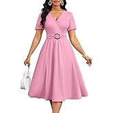 Nmoder Elegant Wrap Dresses for Women, Casual A-Line V Neck Short Sleeve Midi Dresses with Pockets & Belt Buckle