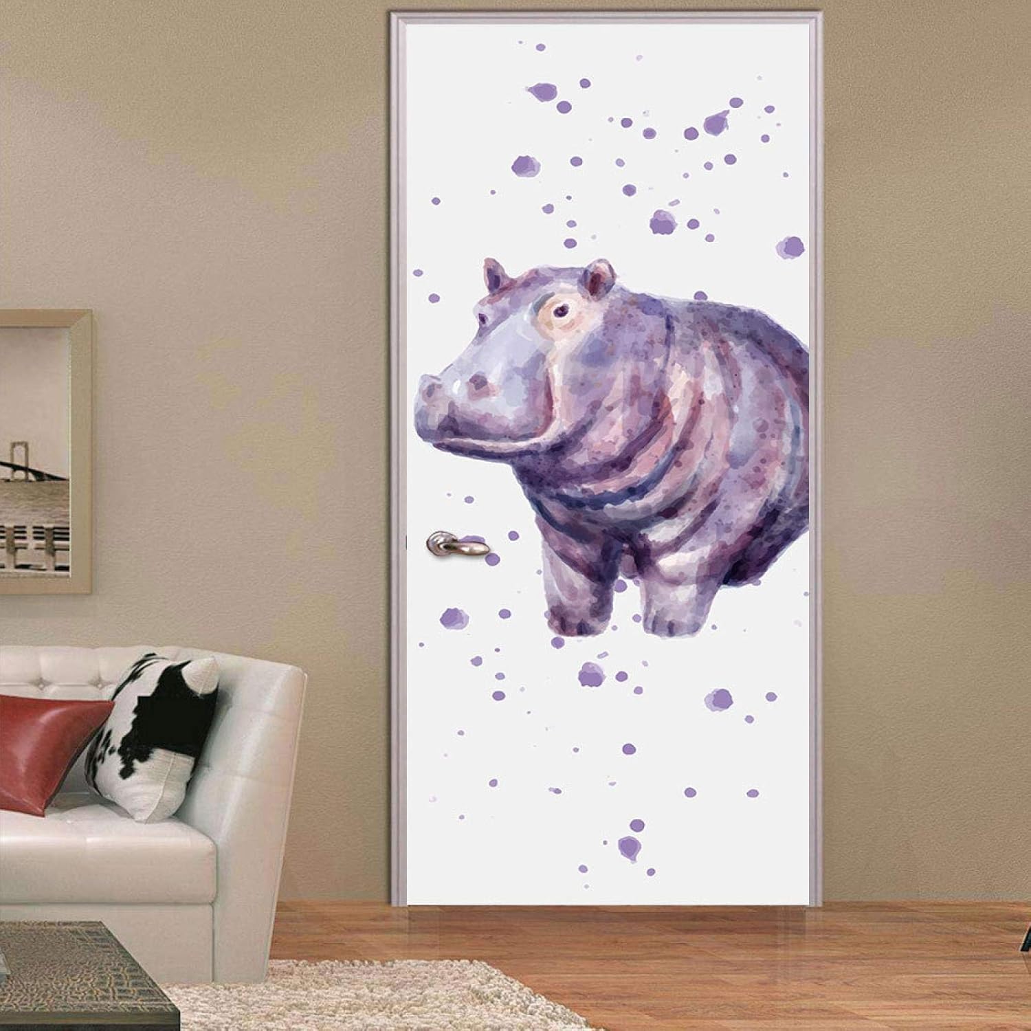 FGPXCD Door Stickers 3D Door Murals 88X200Cm Watercolor Animal Hippo