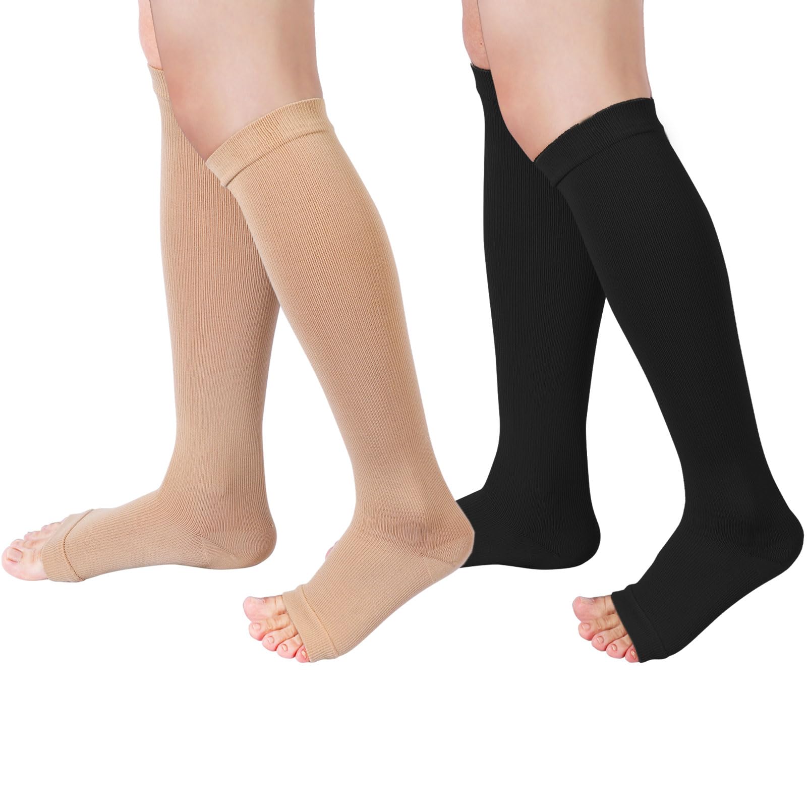 QKURT 2 Pairs Medical Compression Socks High Stretch Open Toe Calf Socks 15-20 mmhg Compression Sports Health Socks for Women Men