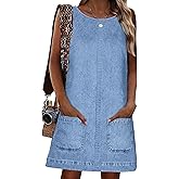 Womens Sleeveless Casual Denim Dress - Summer Crewneck Vintage Loose Jean Romper Overall Dress with Pockets