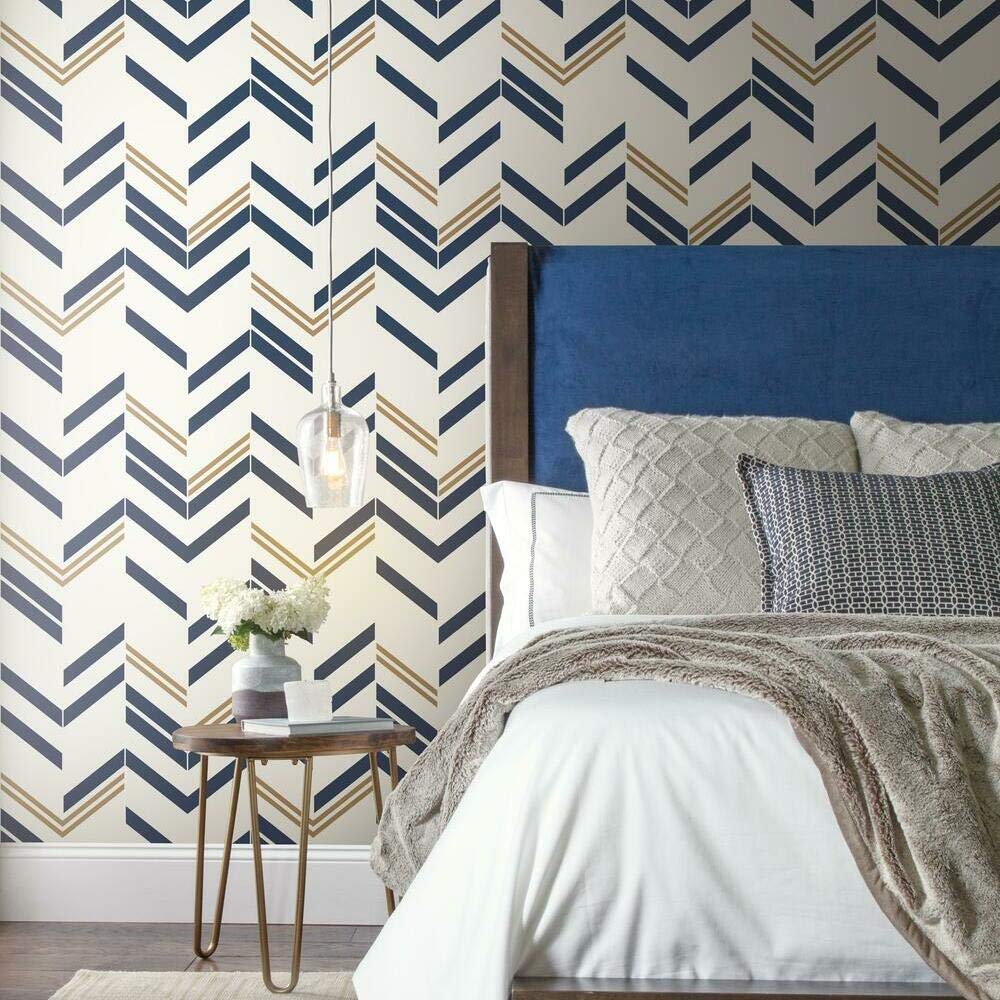 roommates rmk9002wp blue and metallic gold chevron stripe peel and stick wallpaper