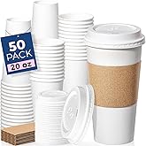 Fit Meal Prep 50 Pack 20 oz Disposable Coffee Cups with Lids, Sleeves, Leak-Proof To Go Coffee Cups with Lids, Durable Hot Paper Cups for Home, Office, Party, Business