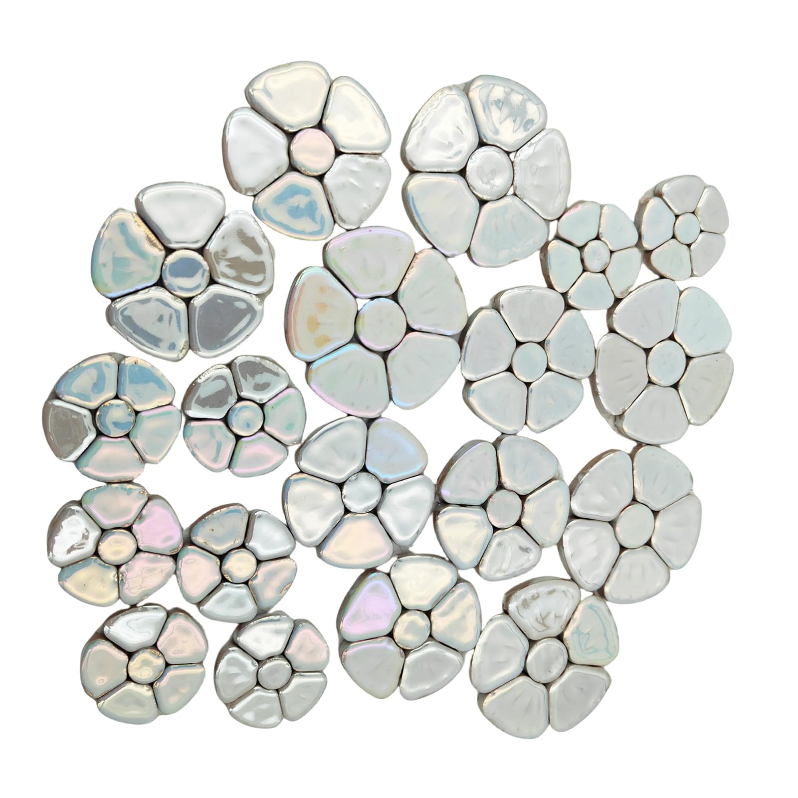Photo 1 of 1.1 LB Random Iridescent Flower Ceramic Mosaic Tiles for DIY Crafts,3 Size Flowers Mosaic Pieces for Artwork,Photo Frames,Cups,Flower Pots,Fish Tank,Vases,Make Stepping Stones (White)