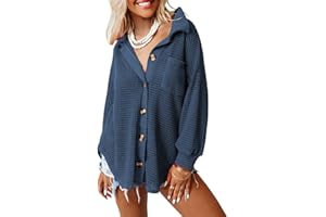 Dokotoo Womens Waffle Knit Shacket Jacket Casual Long Sleeve Button Down Shirts Dressy Blouses Tops