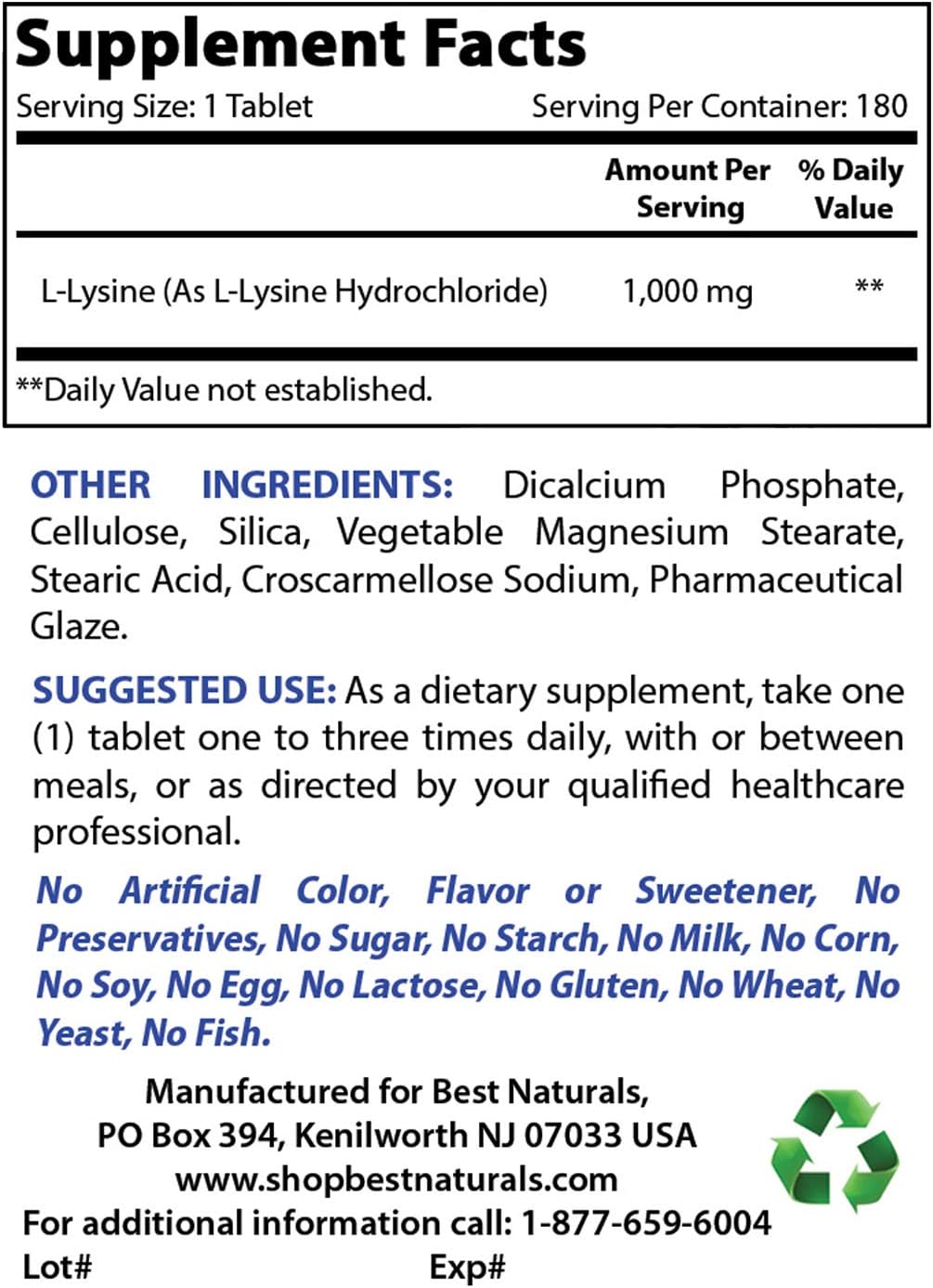 Best Naturals L-Lysine 1000mg 180 Tablets - Double Strength Lysine for stronger immune health & cold sores: Health & Personal Care
