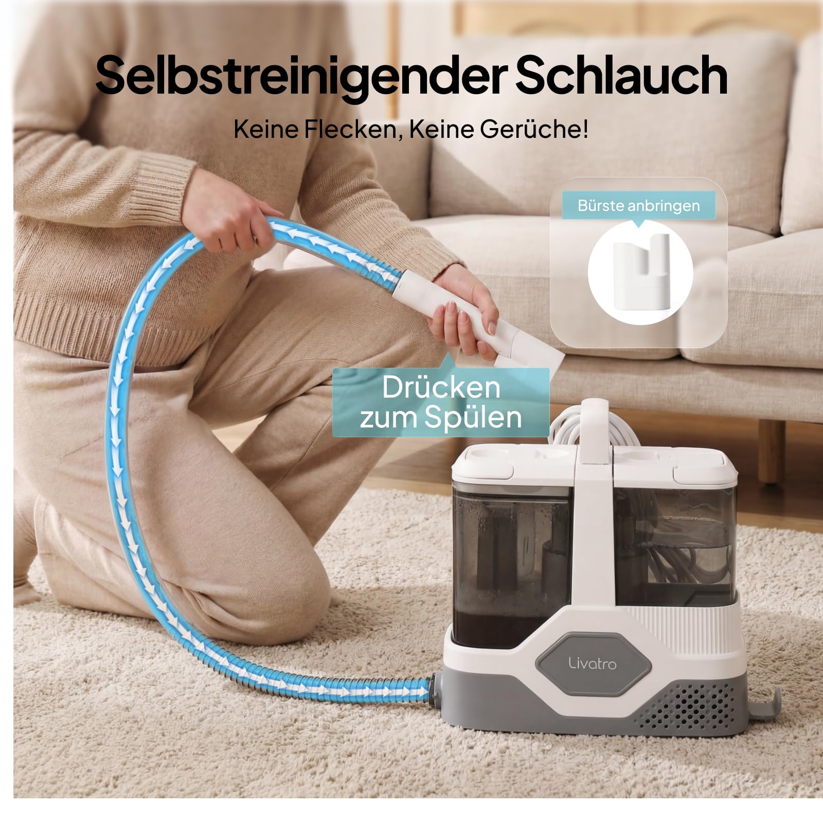 Livatro Polsterreiniger Gerät [600W Profi-Motor] Tragbarer Teppichreiniger Waschsauger 16KPa, Abnehmbarer 2,3L Tanks, Selbstreinigung, Nasssauger für Auto, Sofa, Matratze & Haustier - Schnelltrocknung 9