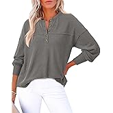 KIRUNDO Going Out Tops for Women Henley Shirts 2025 Casual Ribbed Knit Long Sleeve Tunic Summer Fall Button V Neck Blouse