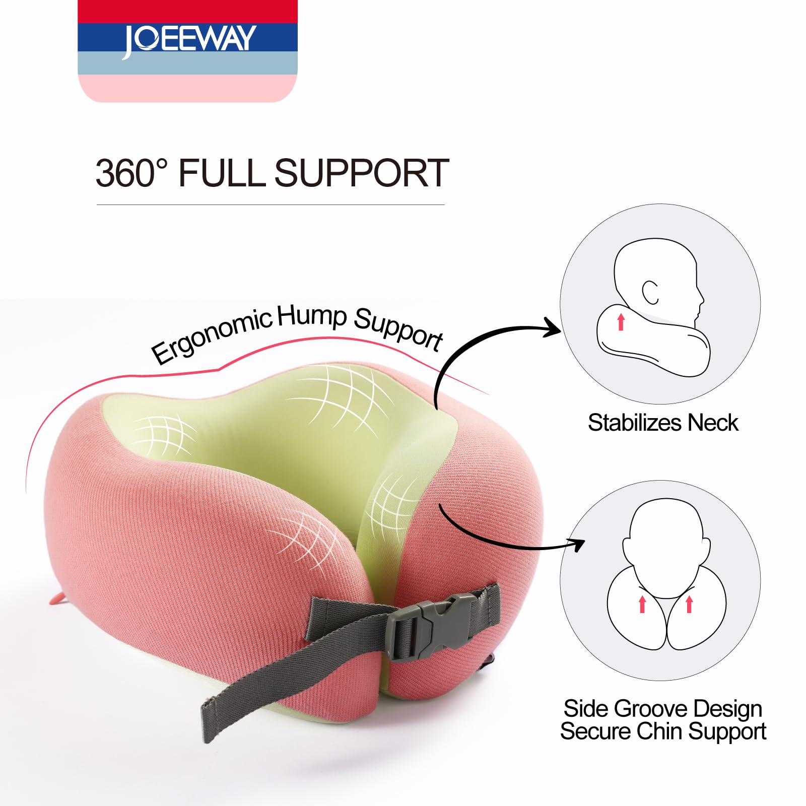 Joeeway Travel Pillow for Neck Support,Comfortable Travel Neck Pillow with Adjustable Strap,100% Pure Memory Foam Airplane Pillow,for Long Flight,Train,Pink