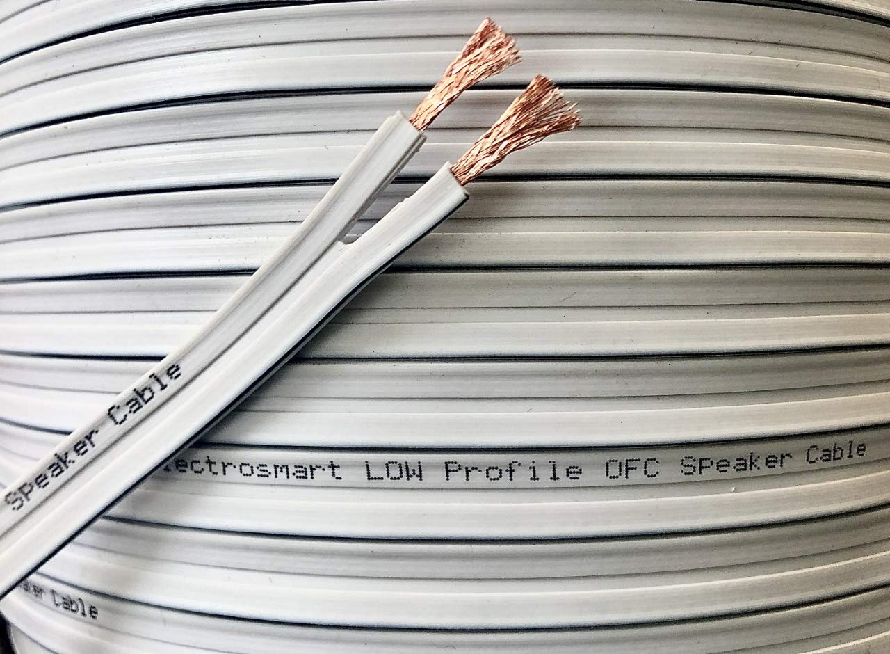electrosmart 50m Low Profile Flat White Oxygen Free Copper OFC Loud Speaker Cable - Multi-Strand 158 (2x 79 Strand) - Outside Dimensions of Cable: 1.7mm x 10mm