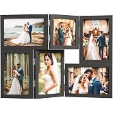 WARM&amp;LOVE 6 Picture Frame, 4x6 &amp; 4x4 Six Folding Hinged Photo Frames, Rustic Wood Desk Family Photo Collage Stand Vertical on Tabletop for Birthday Family Lover Gift (Black)