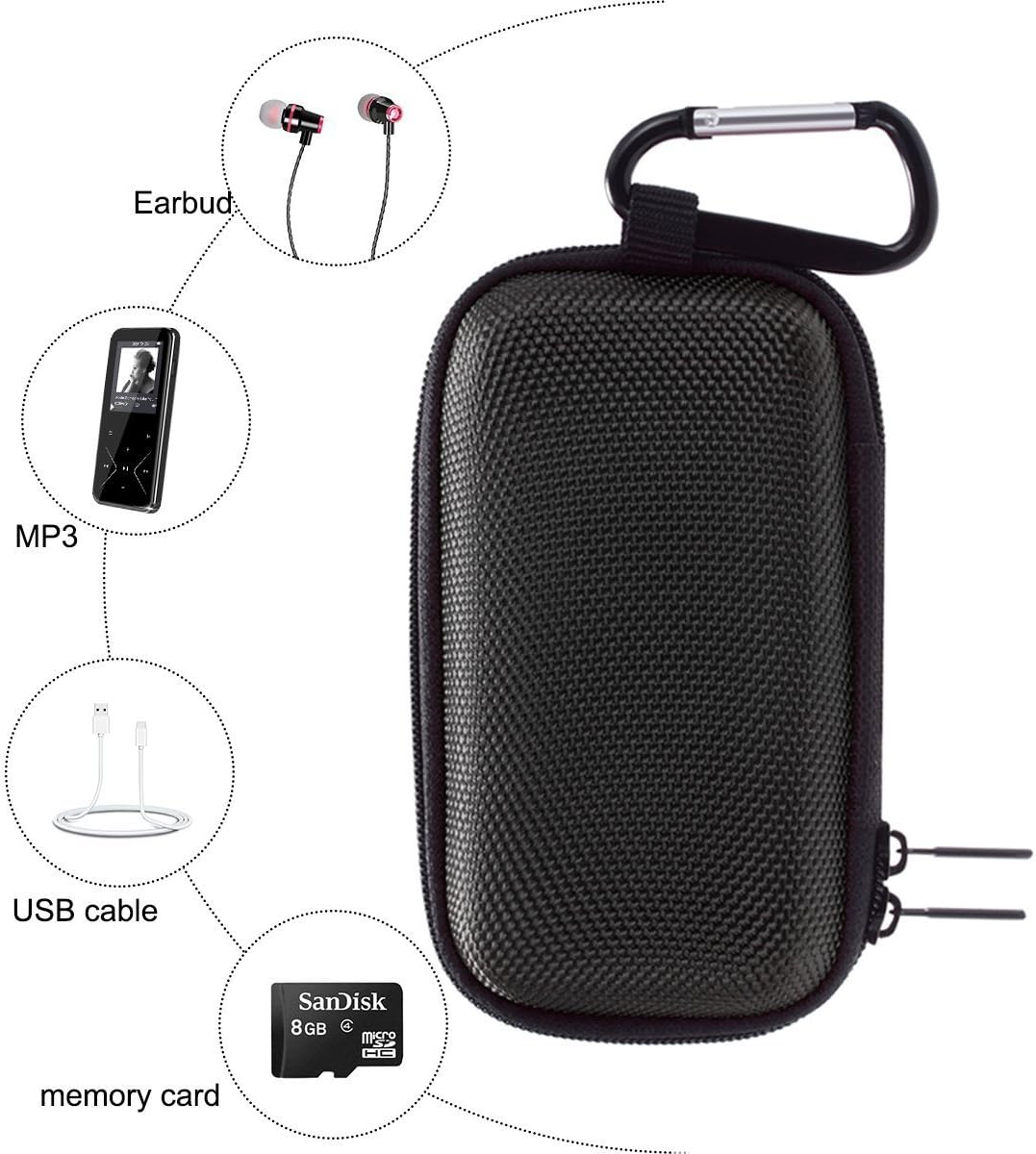 MP3 Player Case KINGTOP Durable Hard Shell Travel Carrying Case for MP3 MP4 Players,iPod Nano,iPod Shuffle,USB Cable,Earphones,Memory Cards,U Disk,Keys (Black)(3.9x2.0x0.43inch)