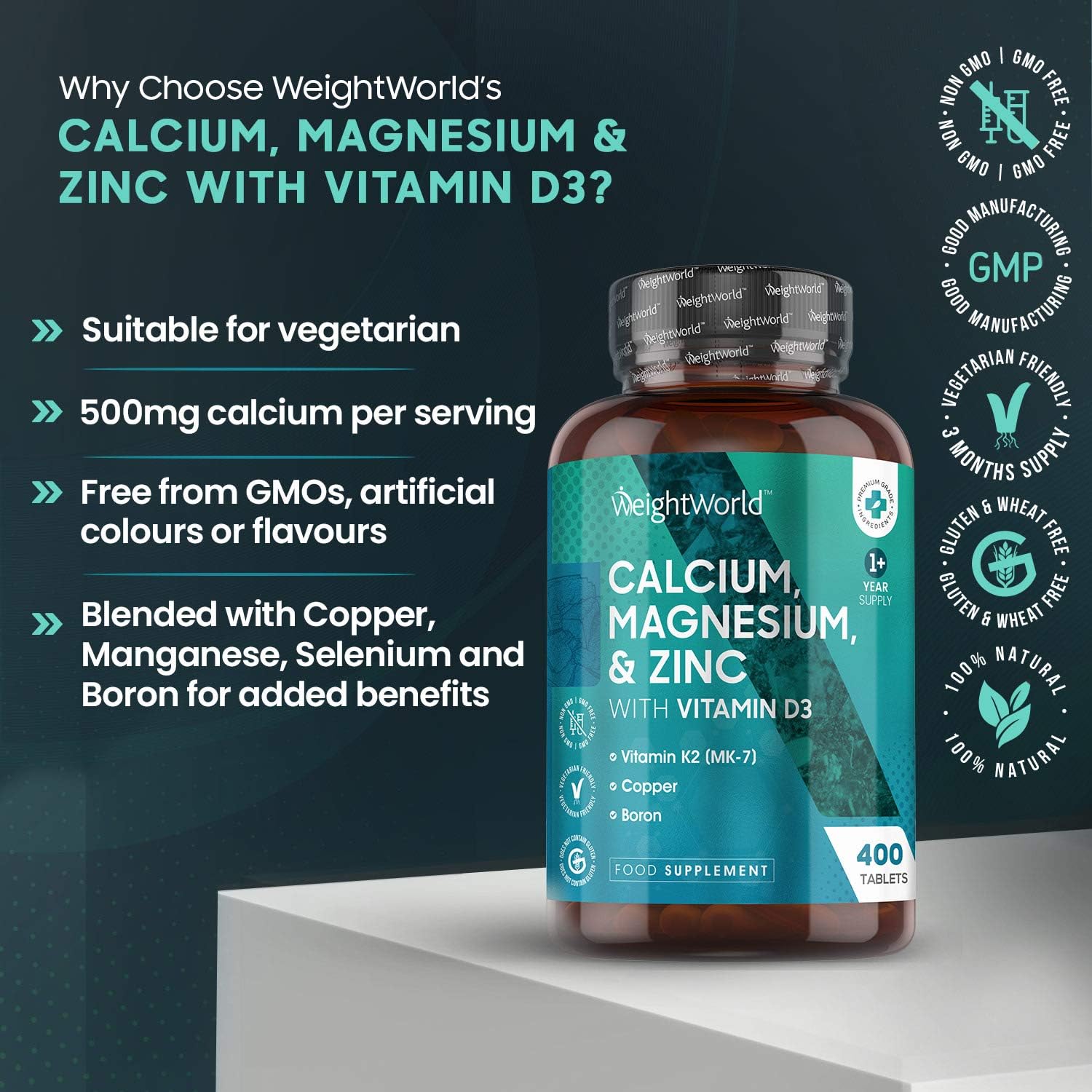 WeightWorld Calcium, Magnesium, Zinc and Vitamin D Supplement, Calcium Magnesium Zinc, 400 Count (Pack of 1) - Image 4
