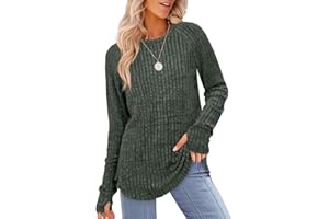 Saloogoe Women's Long Sleeve Top Crewneck Basic Lightweight Fall Shirt with Thumb Hole