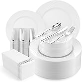 VajilaPhil 700-Piece White Swirls Plastic Dinnerware Set for 100 Guests, Elegant Disposable Dinnerware for Party, Wedding. Includes 10.25" Dinner Plates, 6.5" Dessert Plates, Silverware, Napkins, Cups