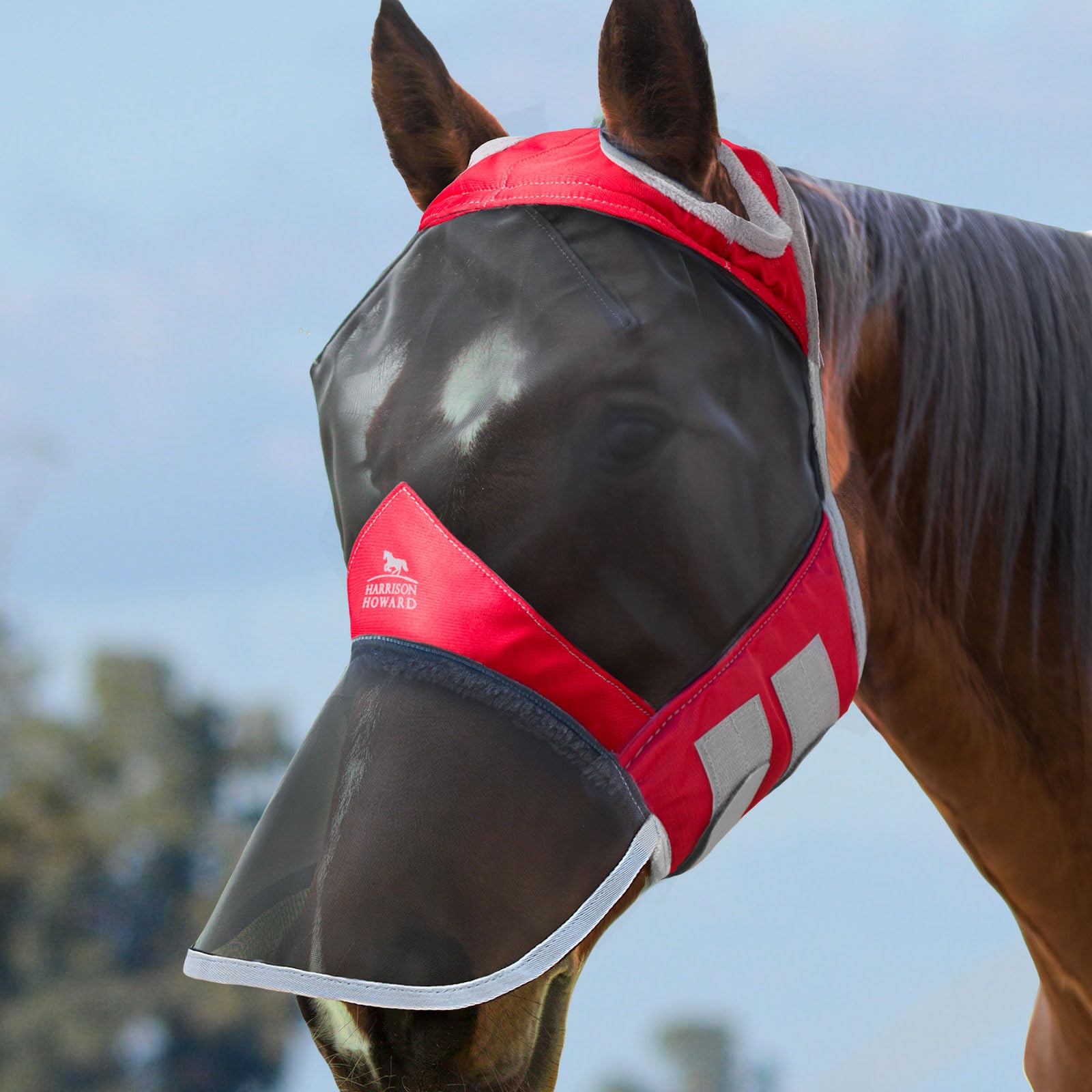 Harrison Howard CareMaster Pro Luminous Fine Mesh UV-proof Fleece Padding Fly Mask Full Face No Ears Ruby (L; Full Size)