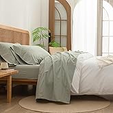 BESTOUCH Sheet Set 100% Washed Cotton Linen Feel Super Soft Comfortable Chic Lightweight 4 Pcs Home Bedding Set Solid Sage Green Queen
