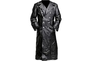 LP-FACON Mens Double Breasted Black Leather Trench Coat - Vintage German Classic WW2 Officer Military Uniform Long Jacket