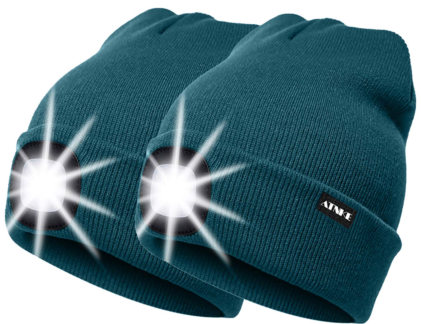 ATNKE 2Pcs New Warm LED Lighted Beanie Cap Unisex USB Rechargeable Running Hat Ultra Bright 4 LED Waterproof Light Lamp Multi-Color (Dark Green, 2PCS)