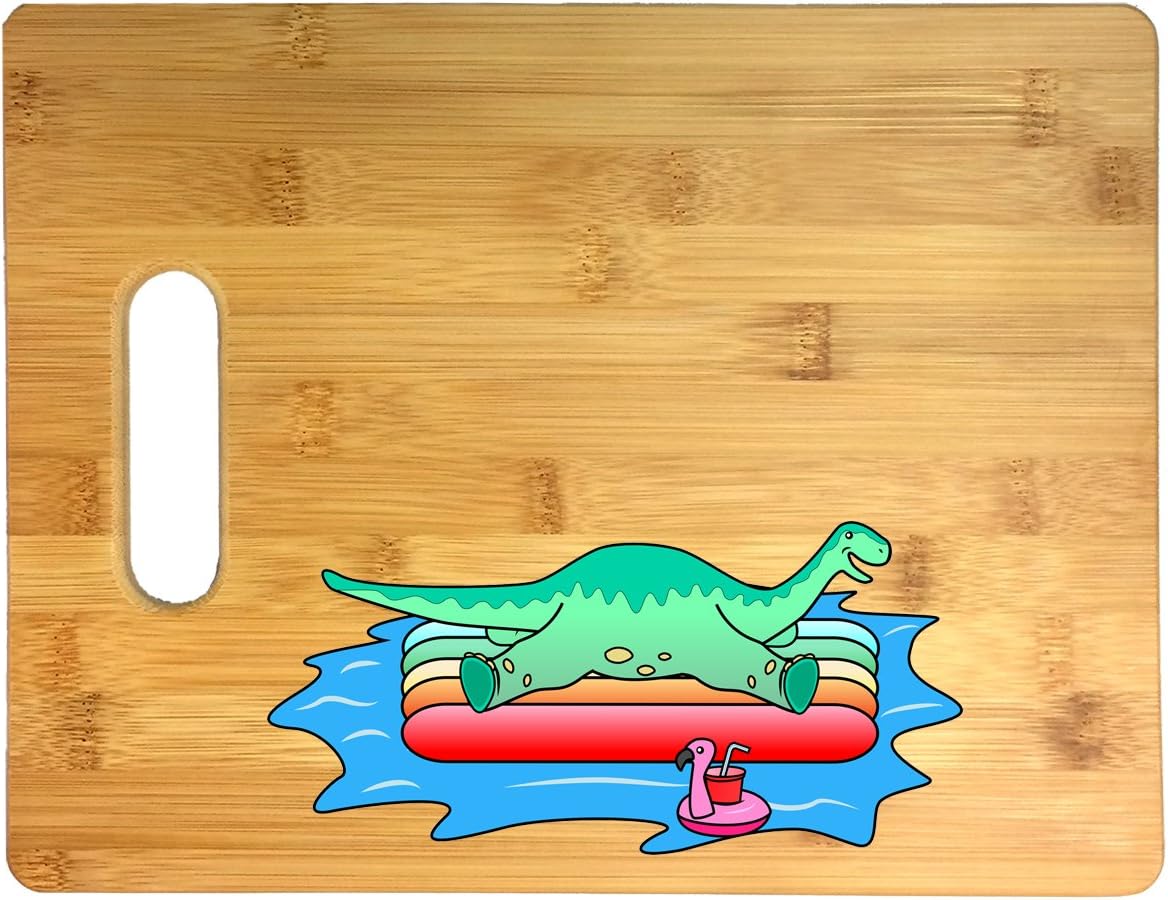 Brontosaurus Dinosaur On Floating Raft In the Ocean Fun Cute Graphic 3D COLOR Printed Bamboo Cutting Board - Wedding, Housewarming, Anniversary, Birthday, Mother's Day, Gift
