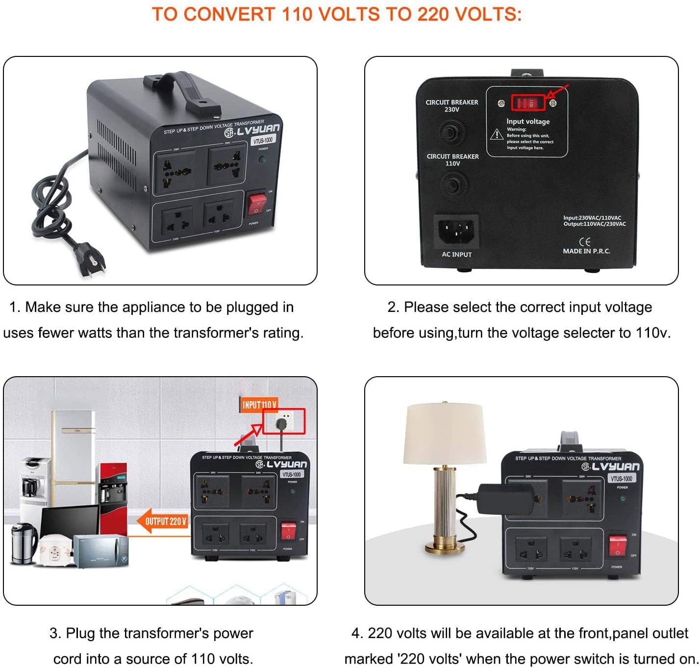 Voltage Transformer Converter 1000 Watt Step Up/Down Convert from 110-120 Volt to 220-240 Volt and from 220-240 Volt to 110-120 Volt with 2 US Outlets, 2 Universal Outlets