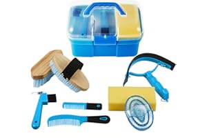Cunhill 9 Pieces Horse Grooming Kit Tack Room Supplies Set with Organizer Tote Box, Oval Massage Curry, Hard and Soft Brush, Hoof Pick, Sweat Scraper, Bathing Sponge, Combs for Horse Riders Beginners